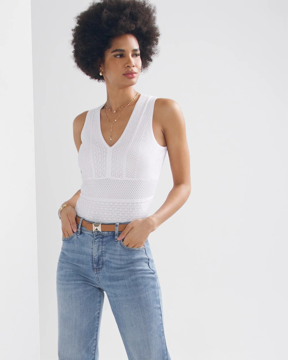 Striped Cotton Pointelle V-Neck Sweater